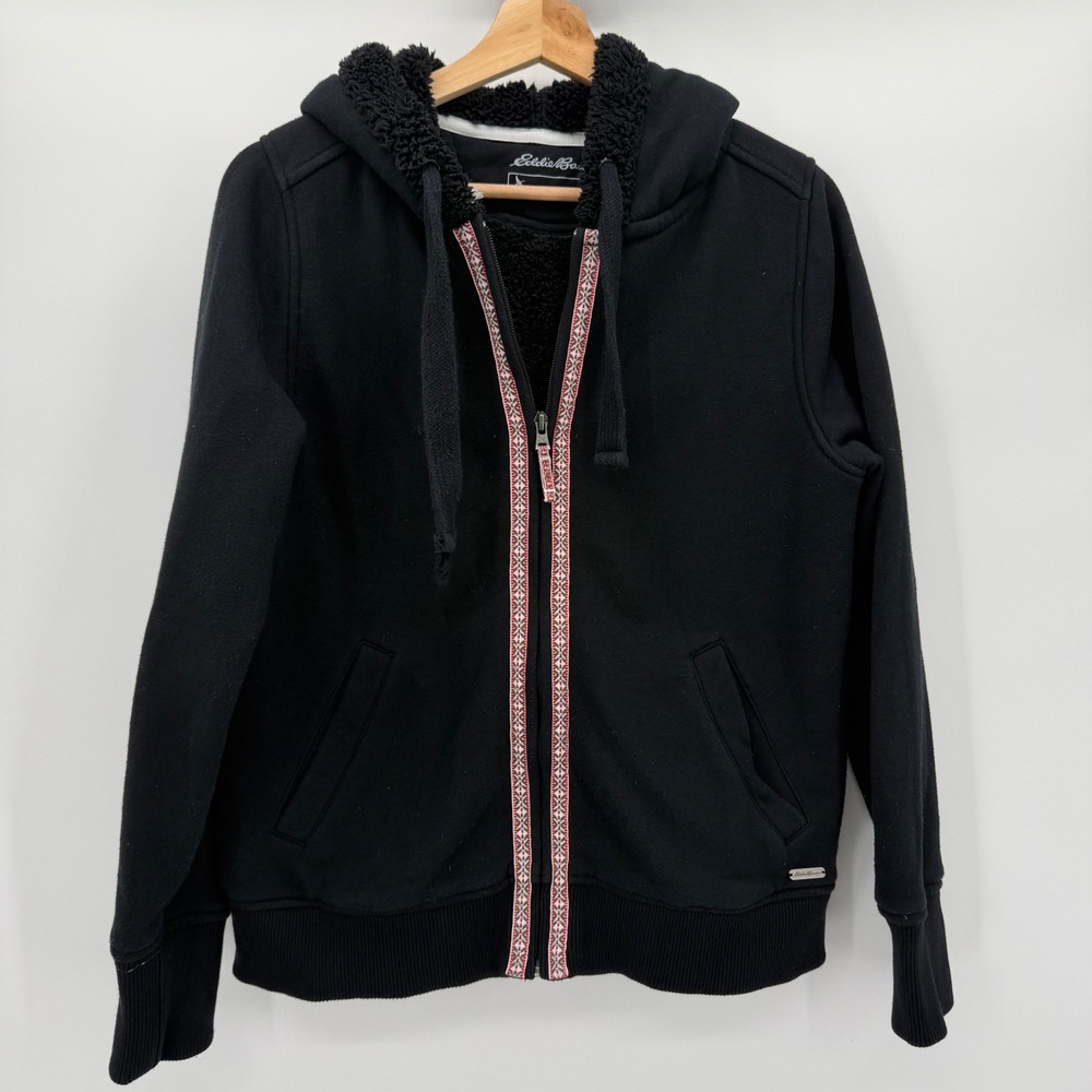 Eddie Bauer Womens Black Sherpa Lined Full Zip Hoodie Embroidered Trim Medium